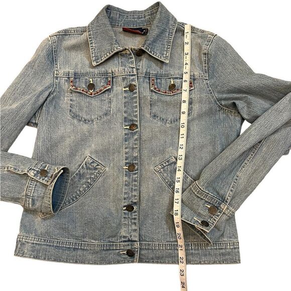 DENVER HAYES Denim Beaded Detail Button Up Stretch Jean Jacket M - Picture 5 of 8